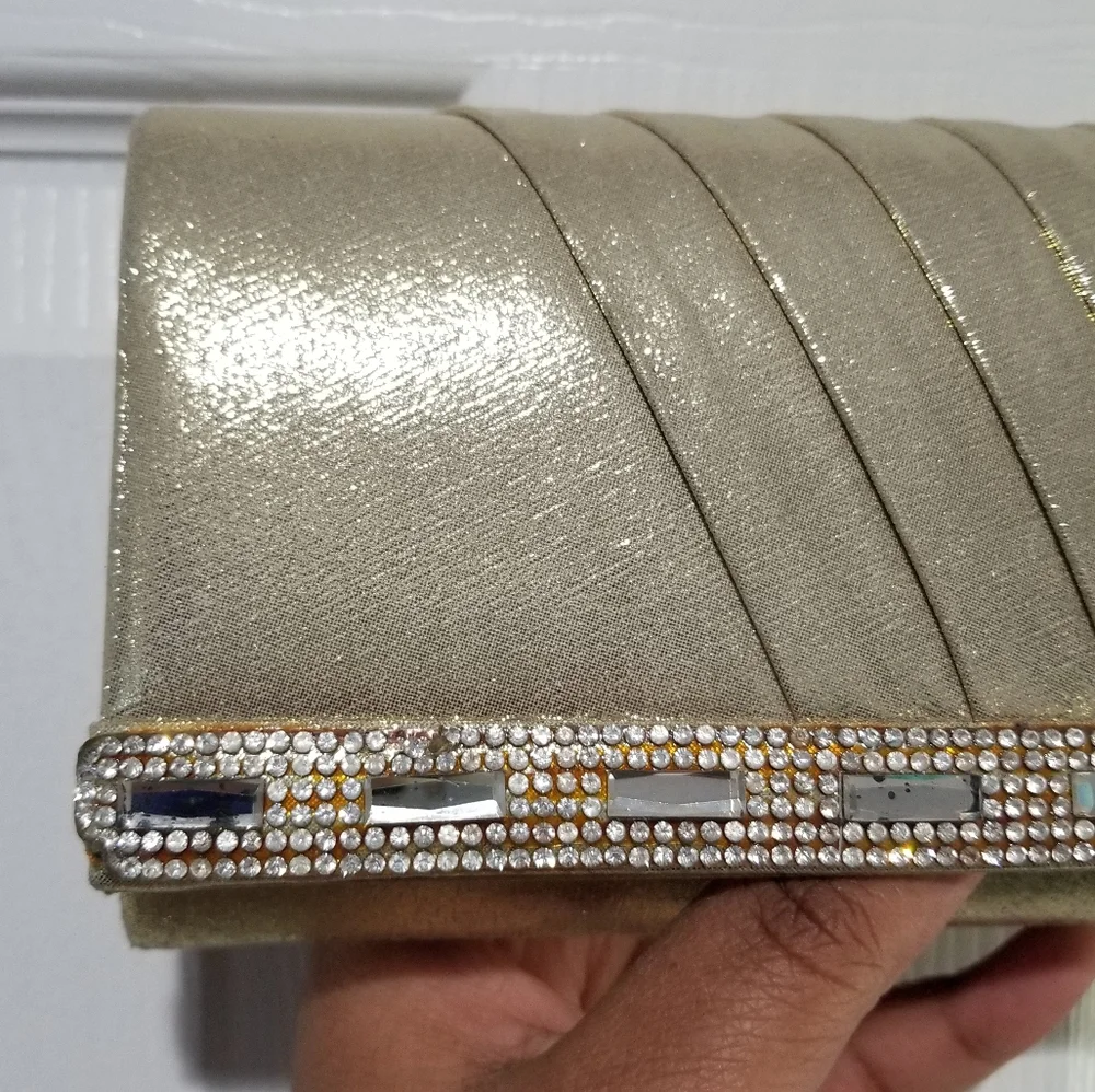 Gold & Rhinestone Fabric Pleated Fold Over Magnet Closure Clutch Removable Strap